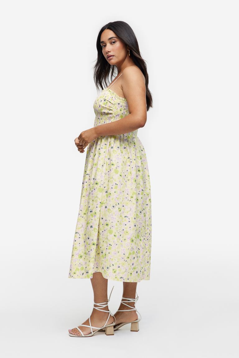 H&M smocked cotton dress, light yellow/floral