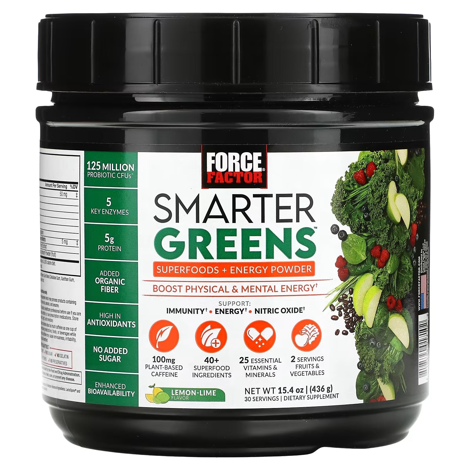 Force Factor Smarter Greens Energy Powder, Lemon/Lime, 436 g