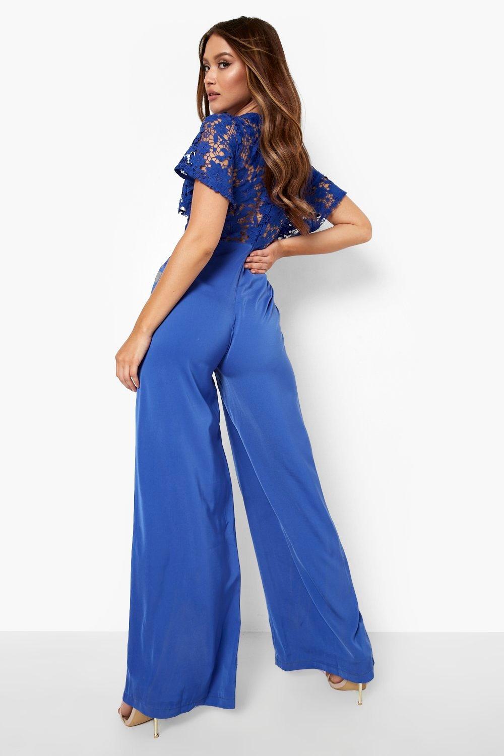 Boohoo Lace Wide Leg Jumpsuit, Cobalt