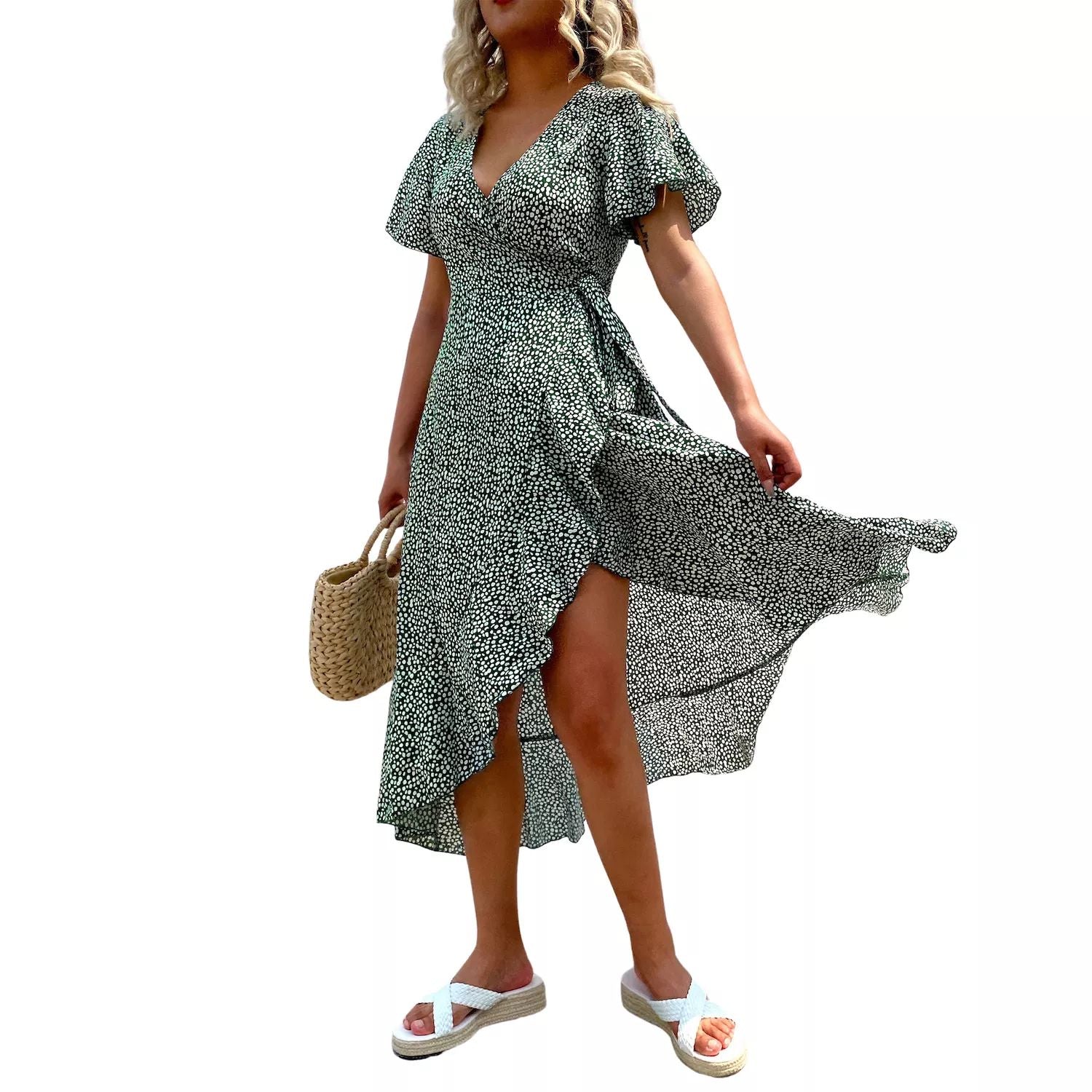 Women's Ditsy Flare Sleeve V-Neck Dress CUPSHE CUPSHE green