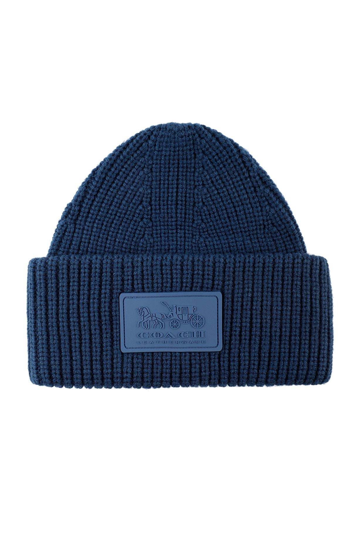 COACH Women's Classic Ribbed Beanie Hat with Cuff Patches, Blue