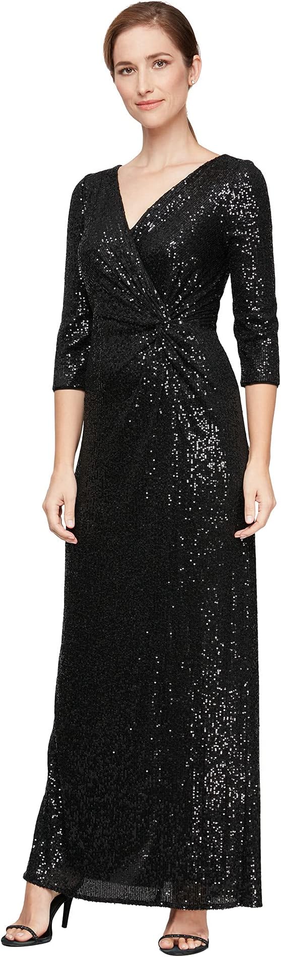 Alex Evenings Knot Front Sequin Long Dress, Black