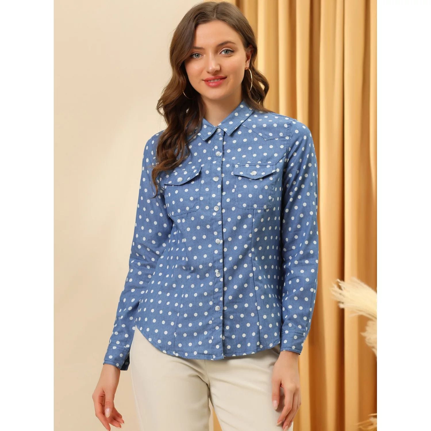 Women's denim shirt with pointed collar and long sleeves with buttons and chest pockets ALLEGRA K ,  blue