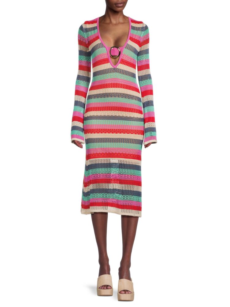 Bebe Crochet Ring Midi Sweater Dress, Pink Multi