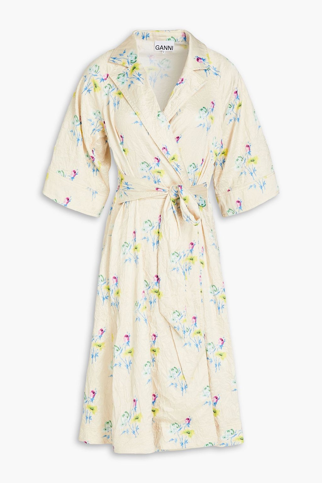 Wrap dress with crinkled satin floral print GANNI, cream