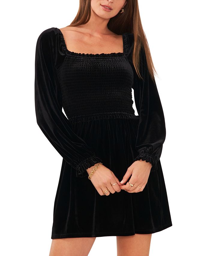 Women's velvet dress with gathered bodice and long sleeves 1TATE, black