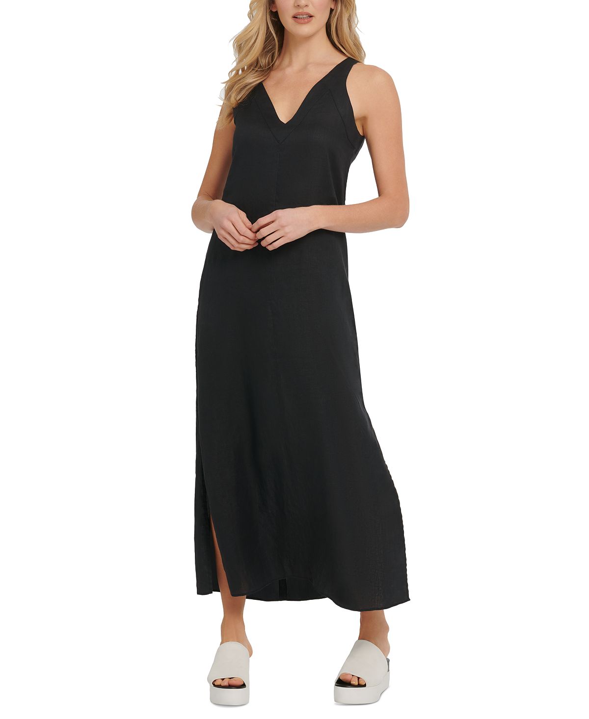 DKNY Linen V-Neck Maxi Dress, Black