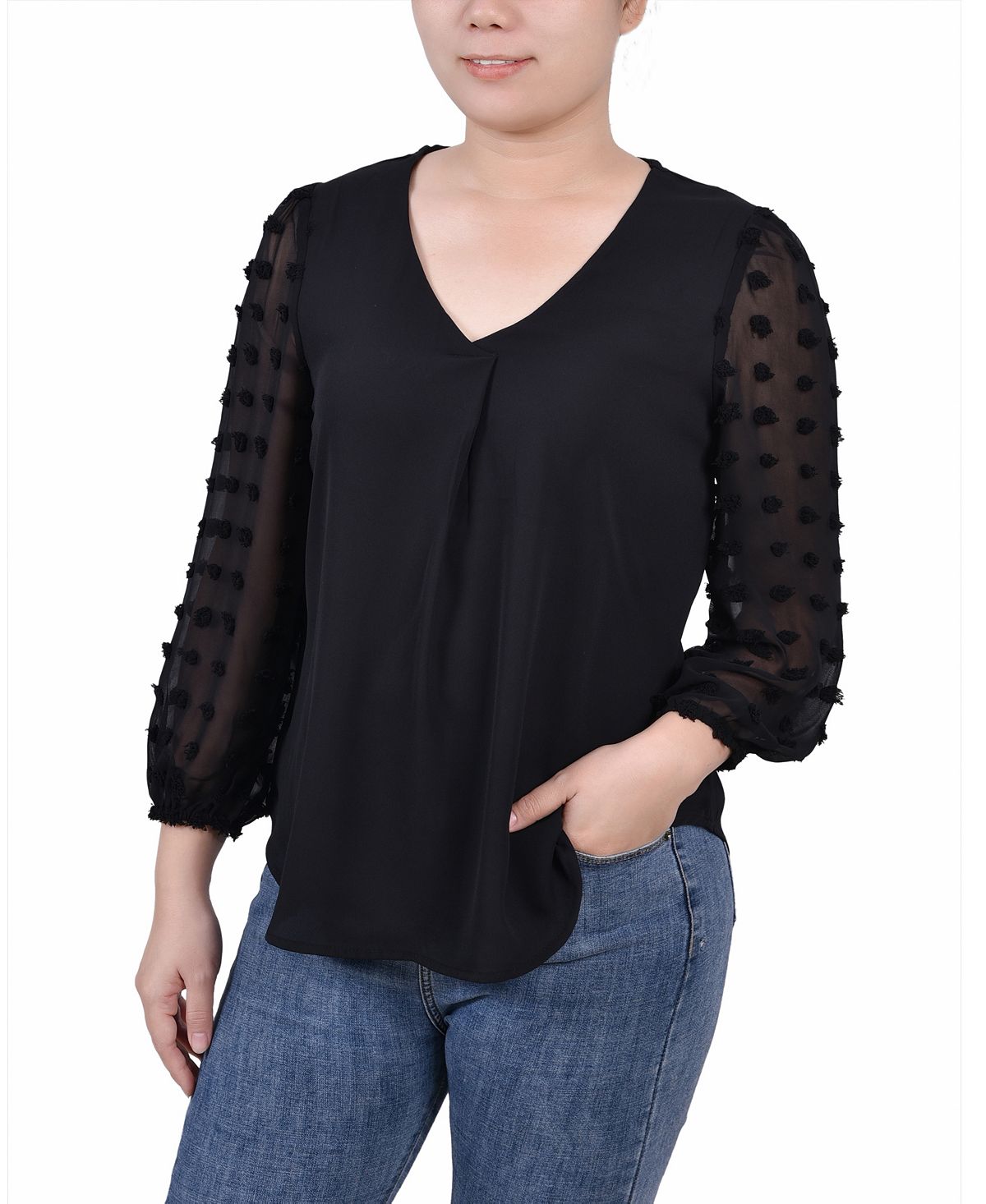 NY Collection Jacquard Chiffon 3/4 Sleeve Petite V-Neck Blouse ,  black