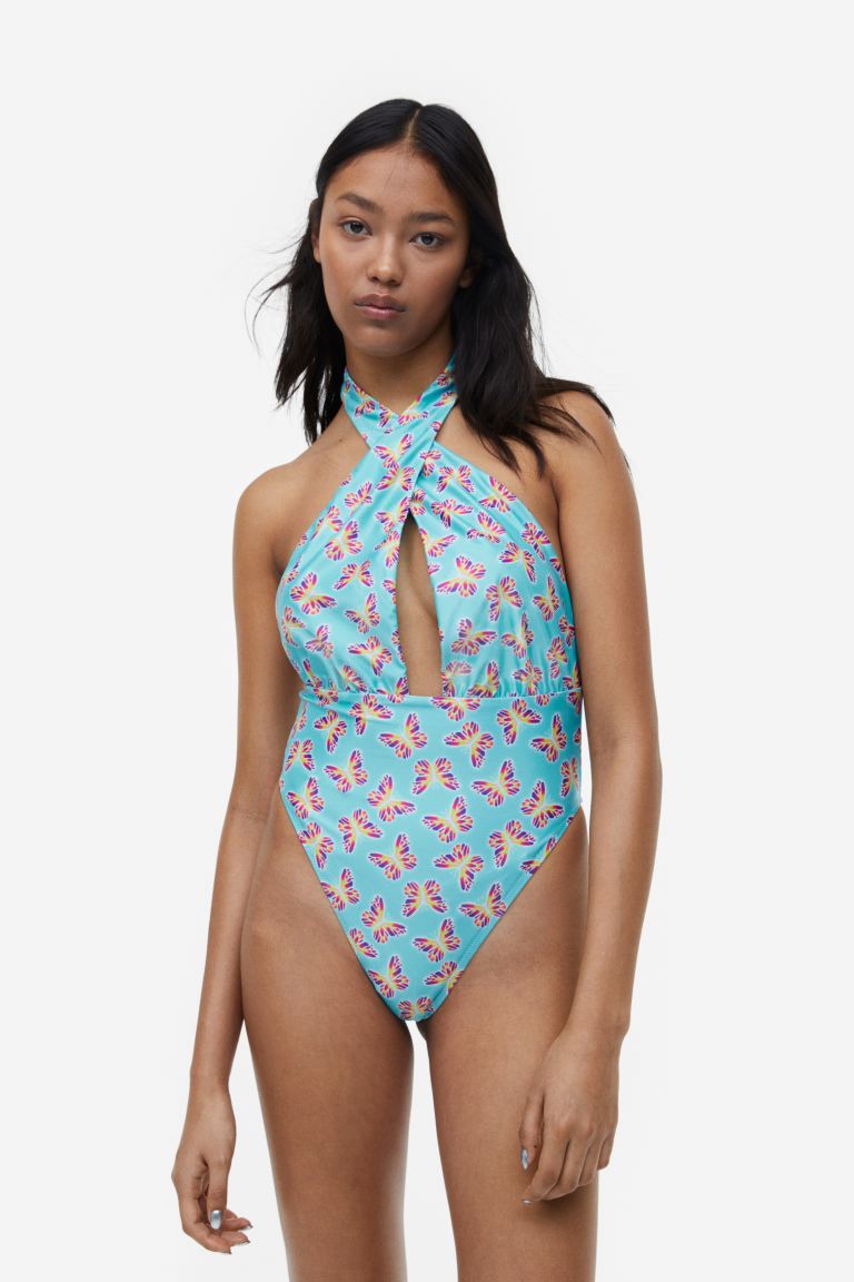 H&M halterneck swimsuit, turquoise/butterflies