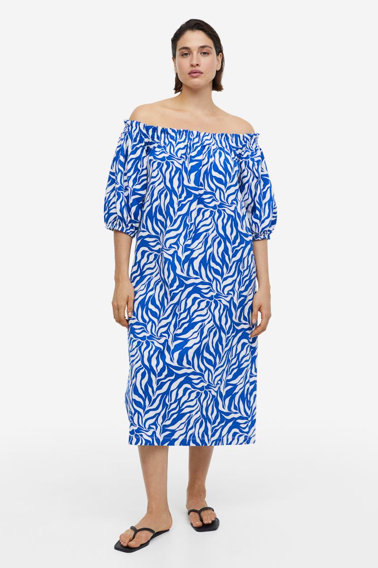 H&M off-shoulder dress, royal blue/patterned