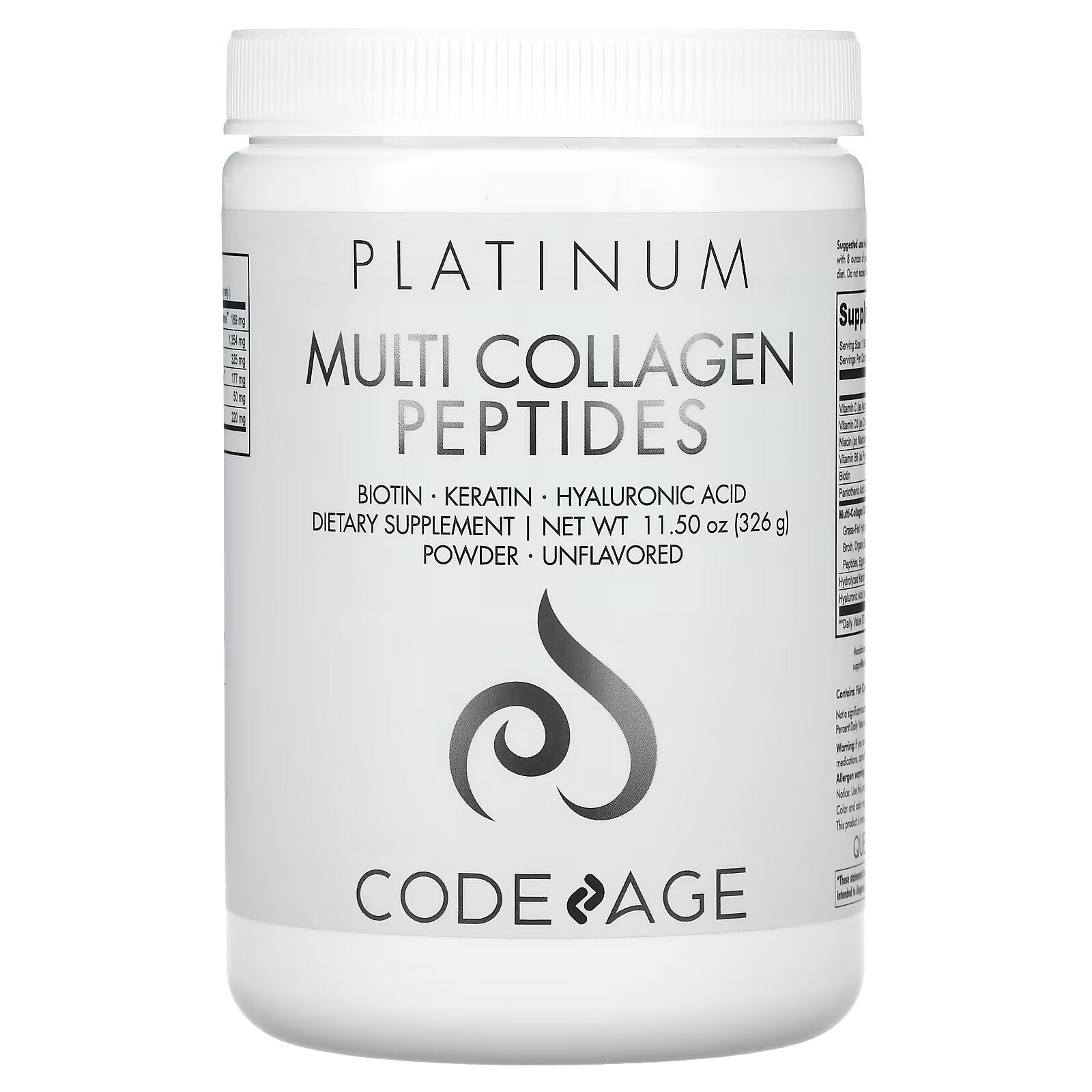 Codeage, Platinum, Multi Collagen Peptide Powder, Biotin, Keratin Hyaluronic Acid, No Additives, 11.50 oz (326 g)