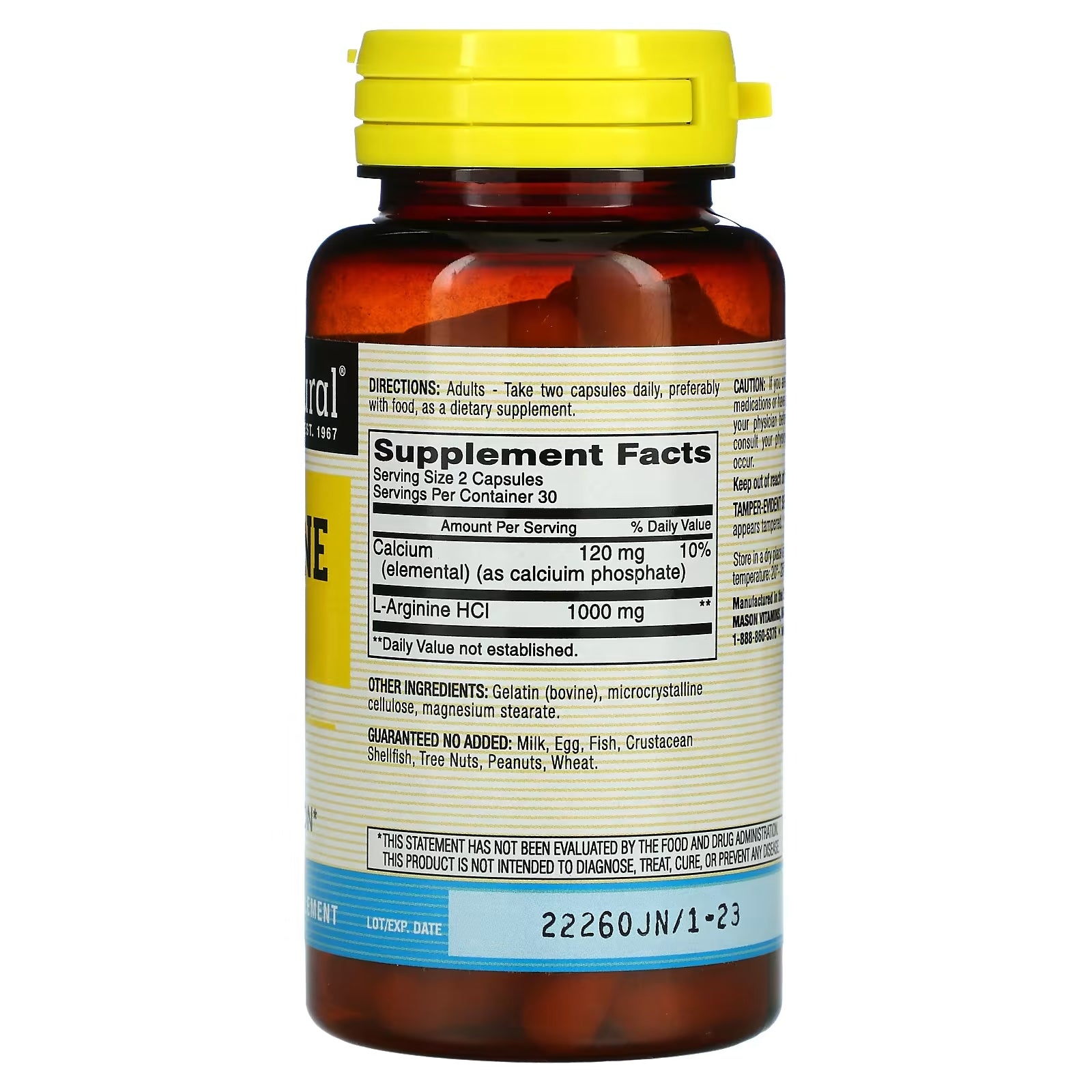 Mason Natural L-Arginine 500 mg, 60 capsules