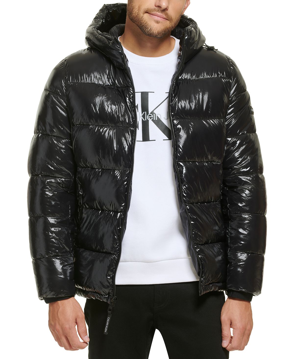 Calvin Klein men's high shine down jacket with hood, black