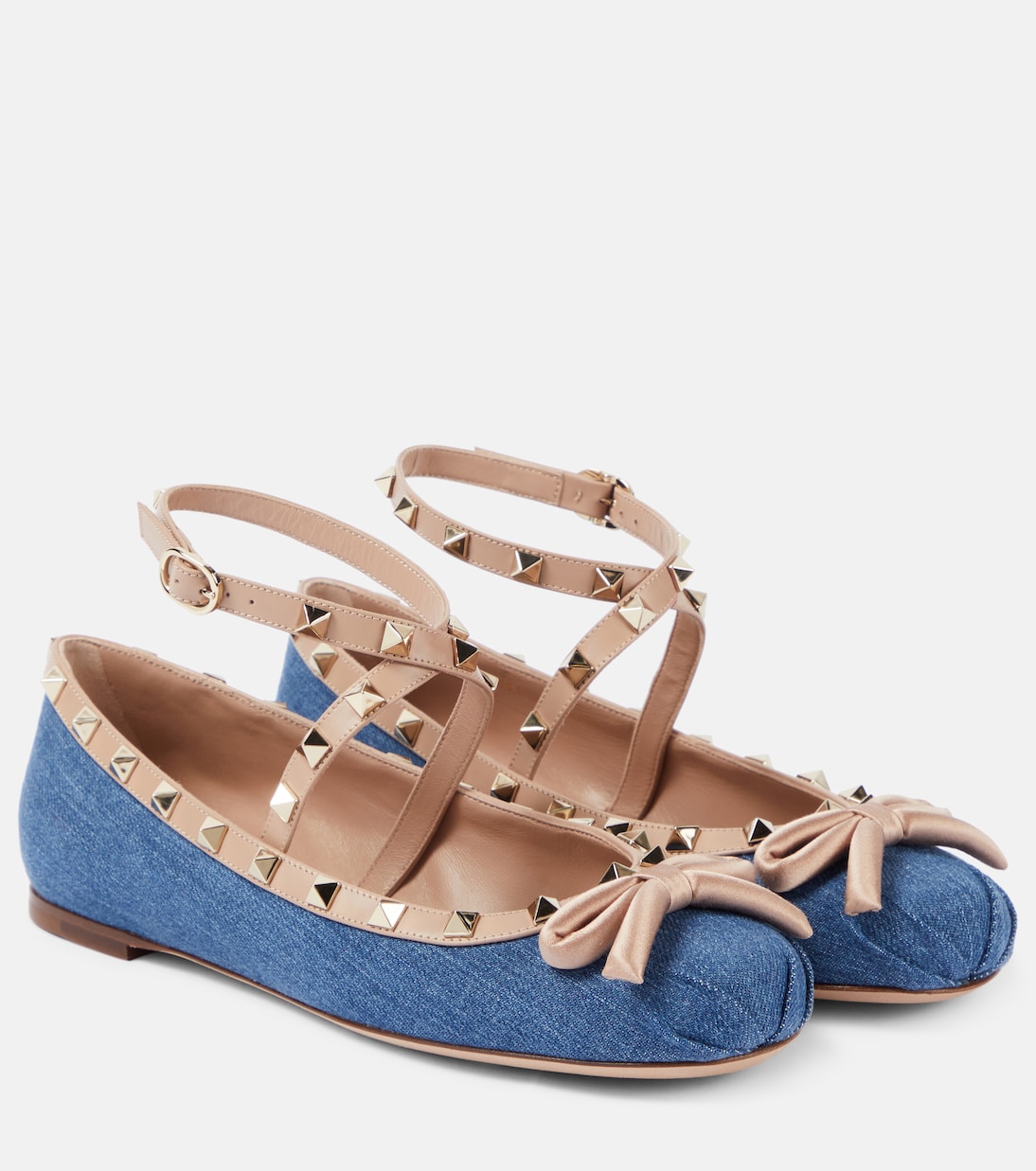 Valentino Garavani denim rockstud ballerinas with leather trim, pink