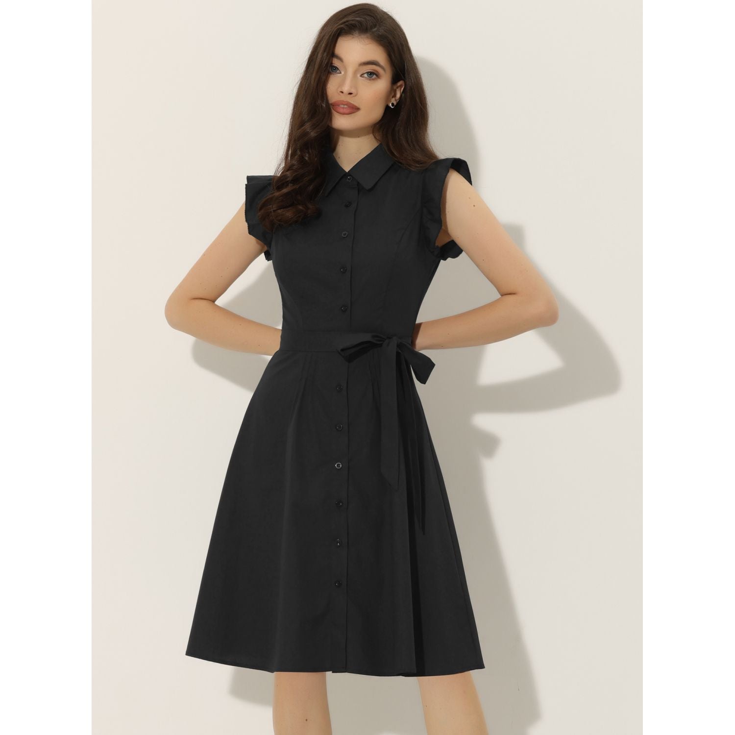 Women's Work Shirt Dress Knee Length with Ruffles and Sleeves with Buttons and Belt ALLEGRA K