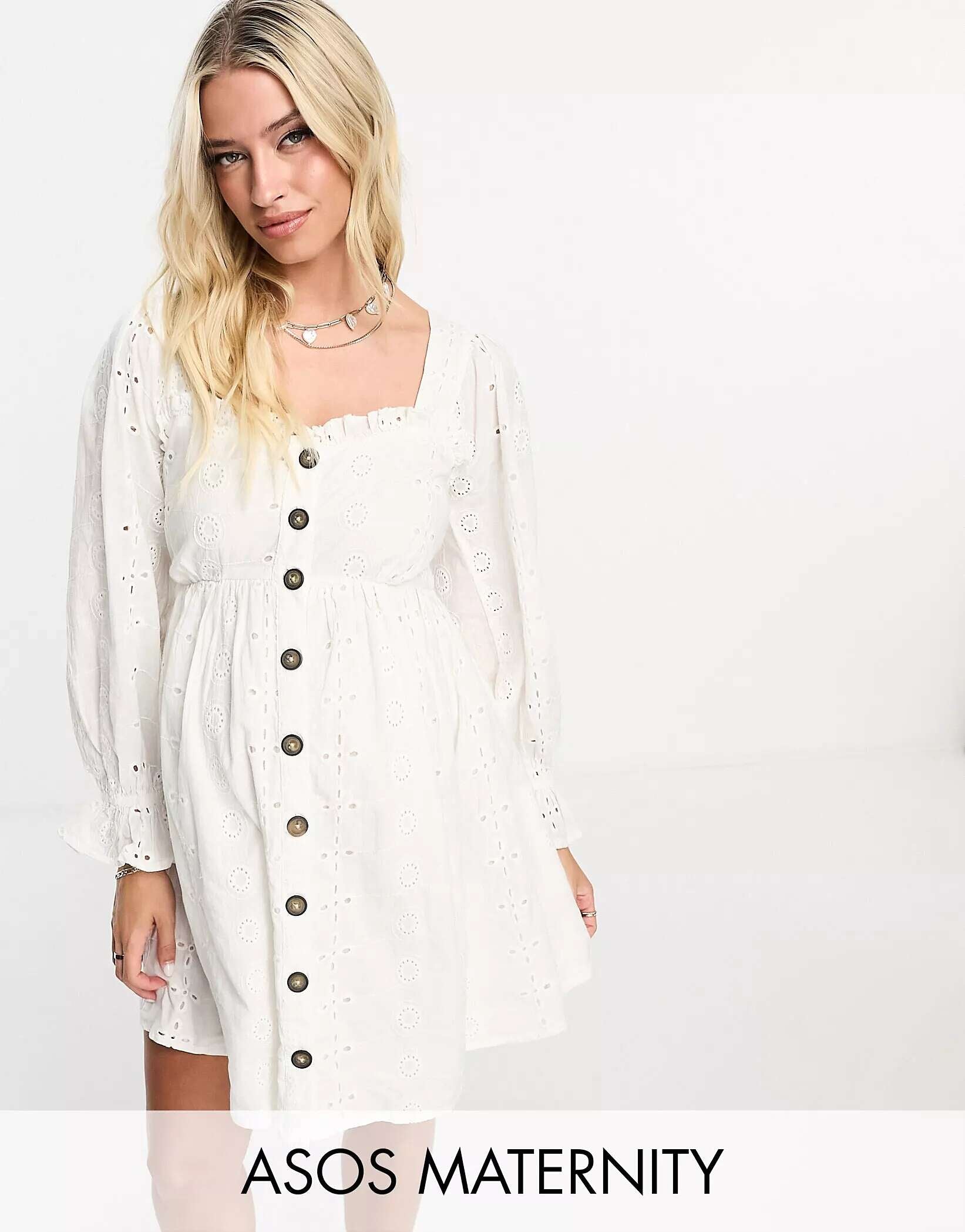 ASOS DESIGN Maternity Exclusive White Maternity Dress With Square Neck And Buttons