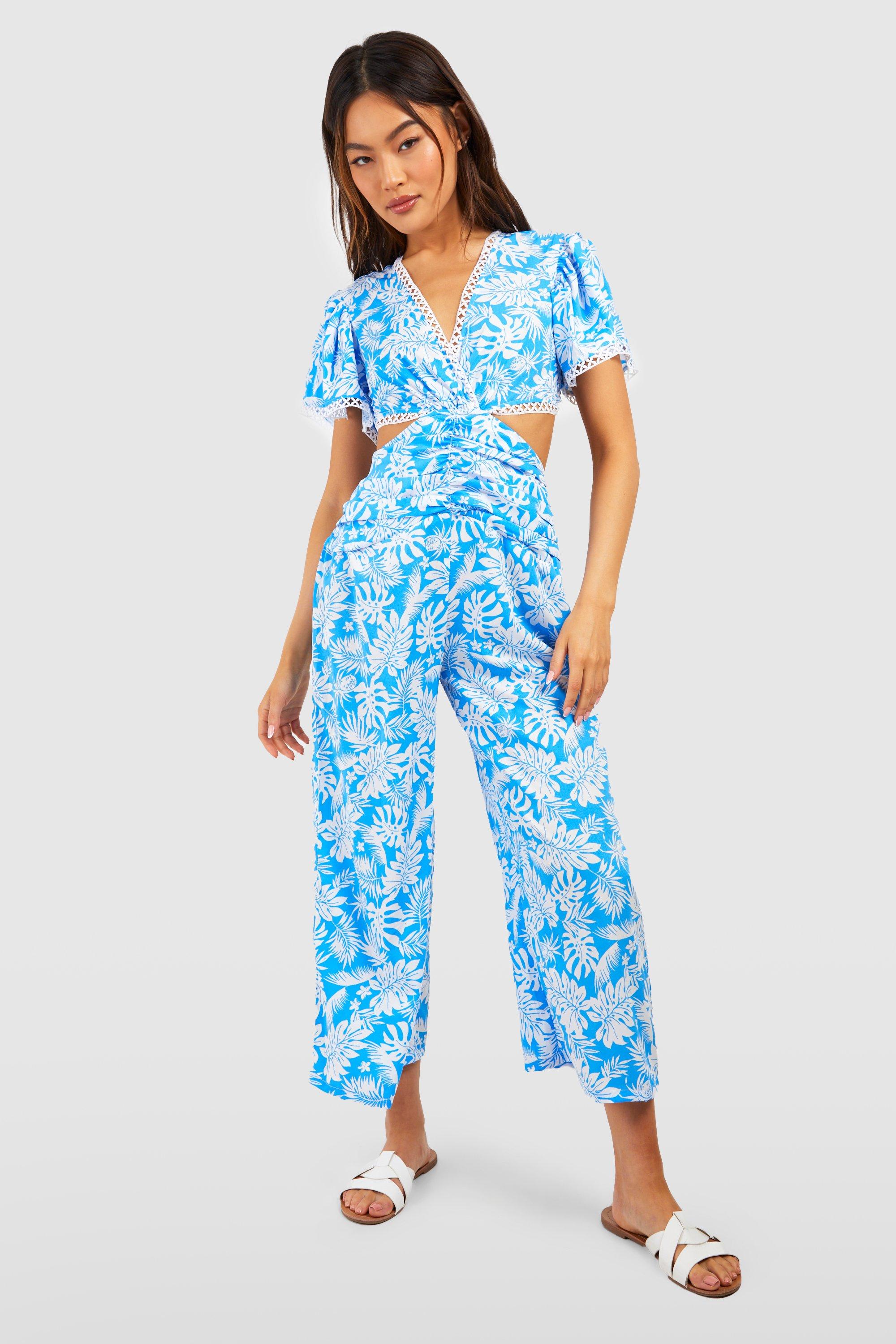 Boohoo Palm Print Cutout Jumpsuit, Blue