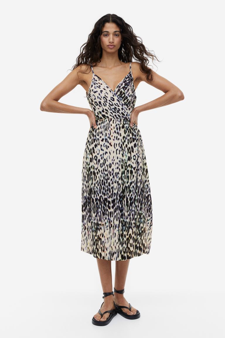 H&M Pleated Wrap Dress, Light Beige/Leopard Print