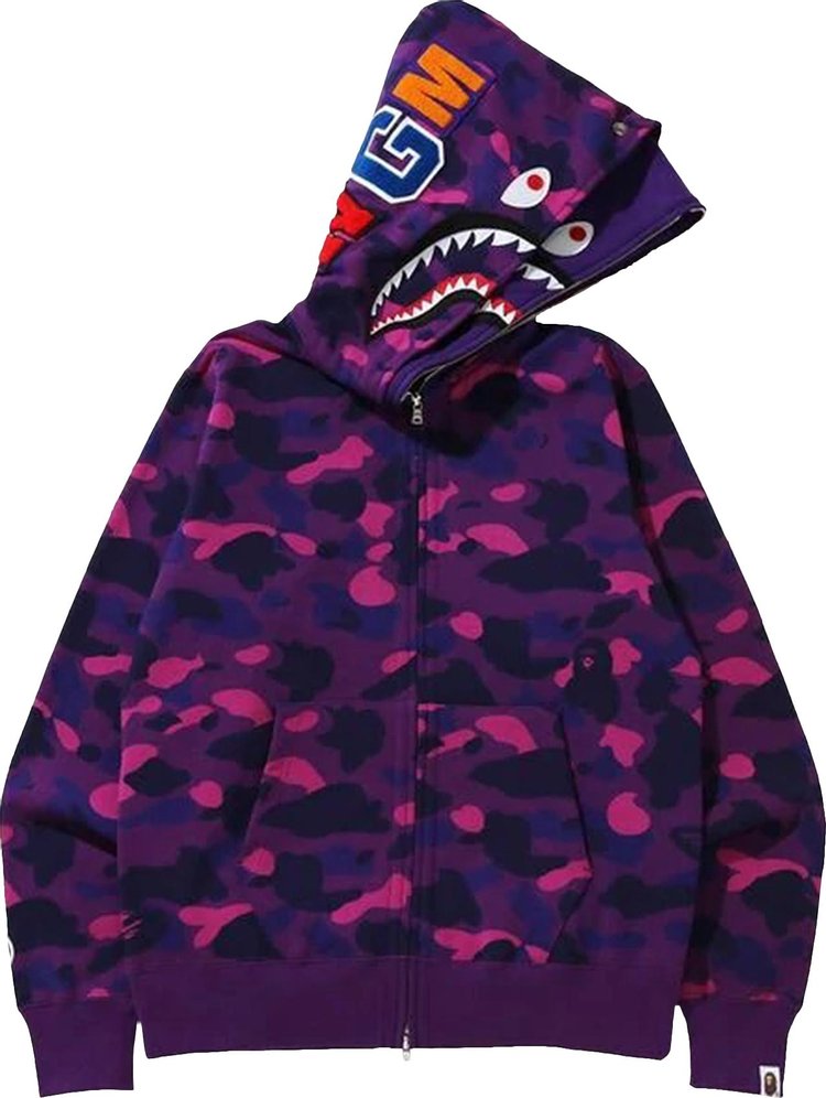 هودي مزدوج بسحاب كامل وطبعة سمكة قرش من BAPE Color Camo، أرجواني