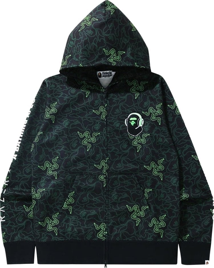 هودي بسحاب كامل من BAPE x Razer Neon Camo باللون الأخضر، أخضر