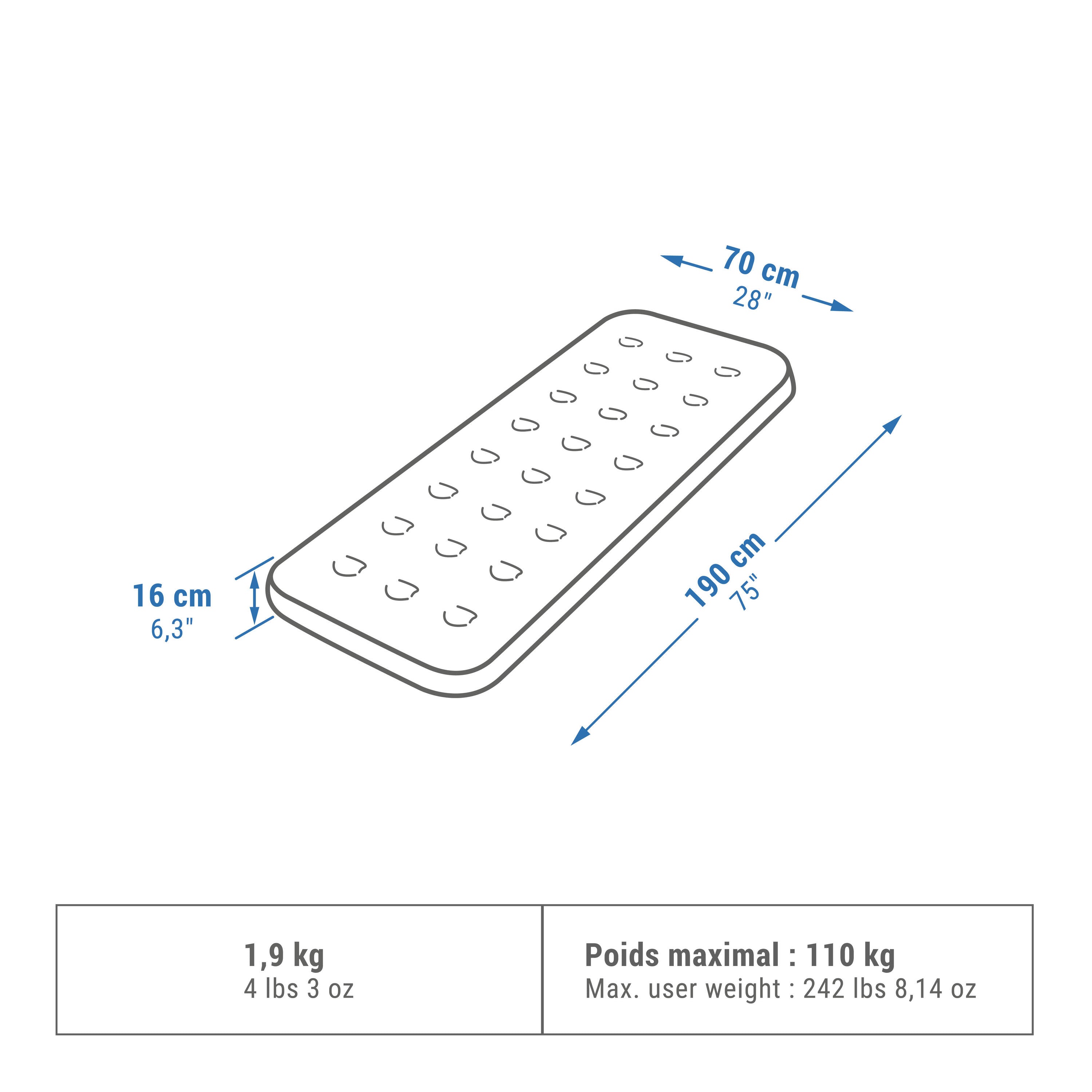 Quechua inflatable mattress for camping 1-seater 70 cm Air Basic, gray