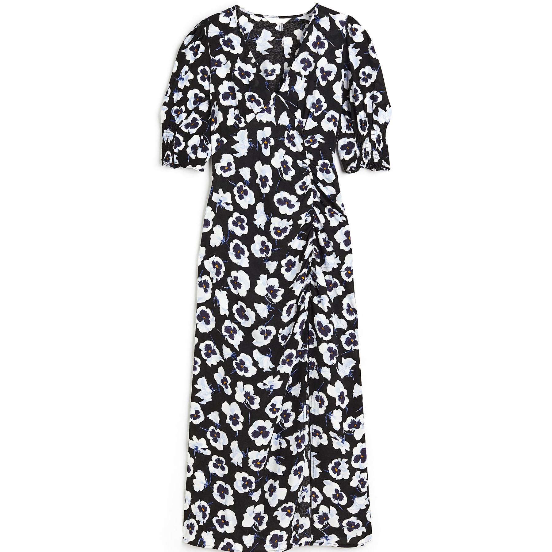 H&M Floral Puff-sleeved Creped Dress, black/multicolor