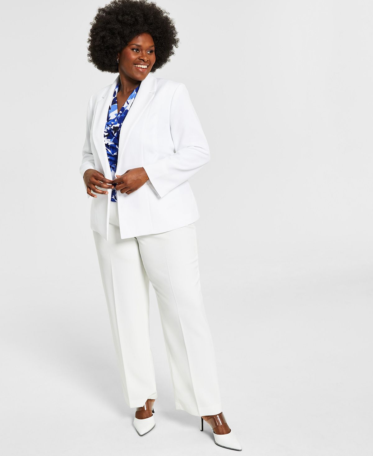 Plus size Kasper one-button crepe blazer, white