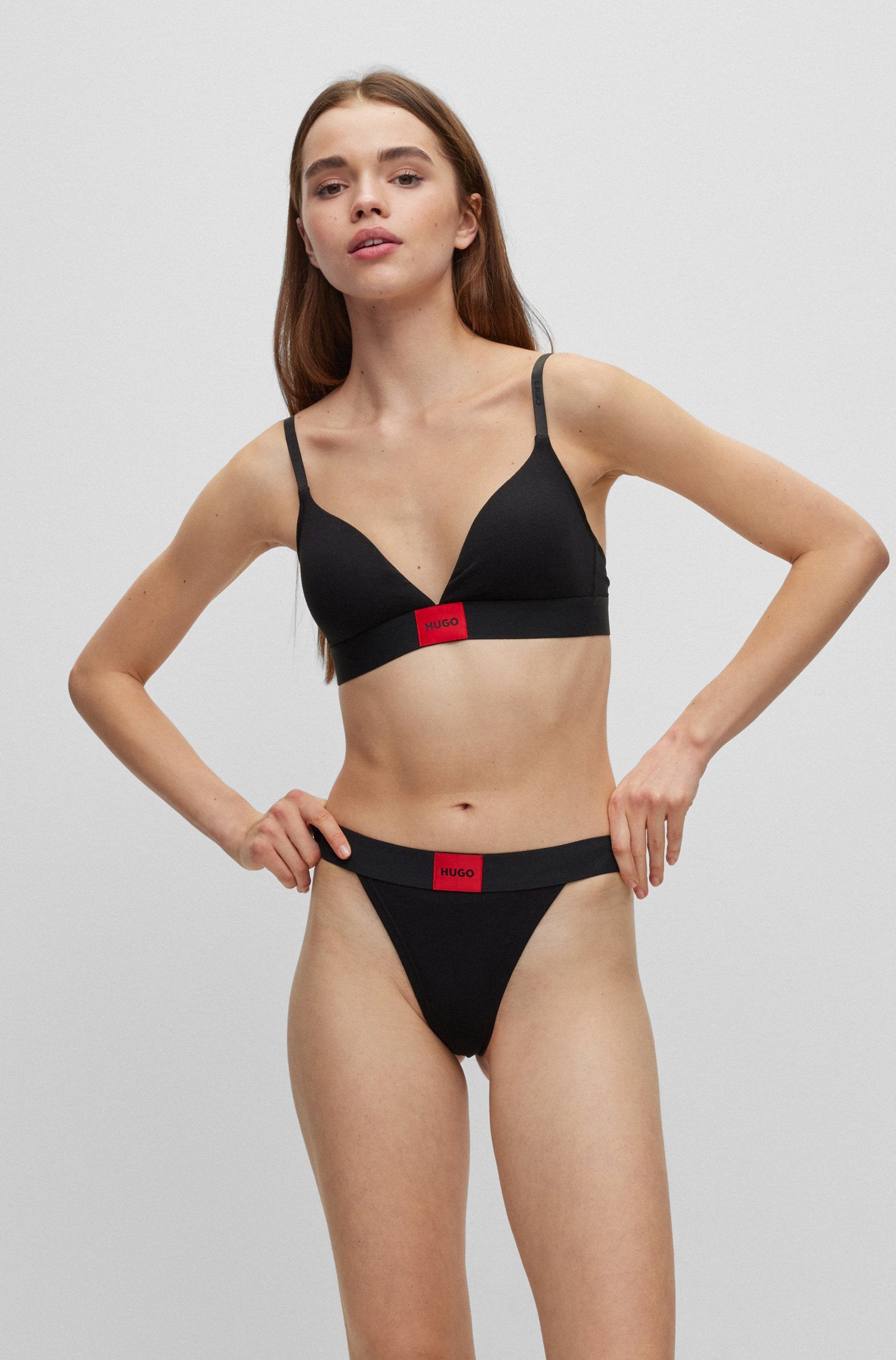 Hugo Stretch-cotton Thong With Red Logo Label, black