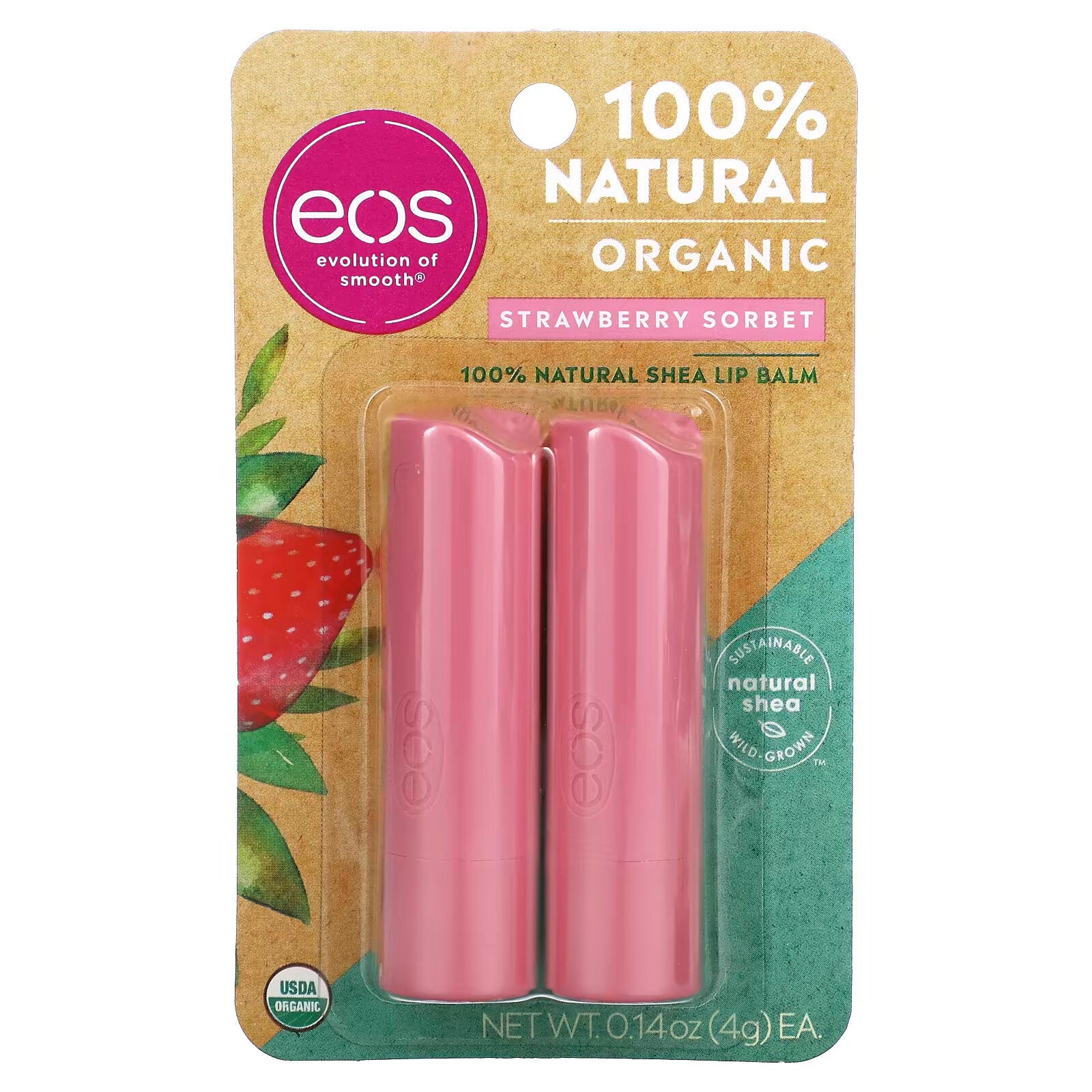 EOS, 100% Organic Natural Shea Butter Lip Balm, Strawberry Sorbet 2 pcs . per pack, 4 g (0.14 oz)