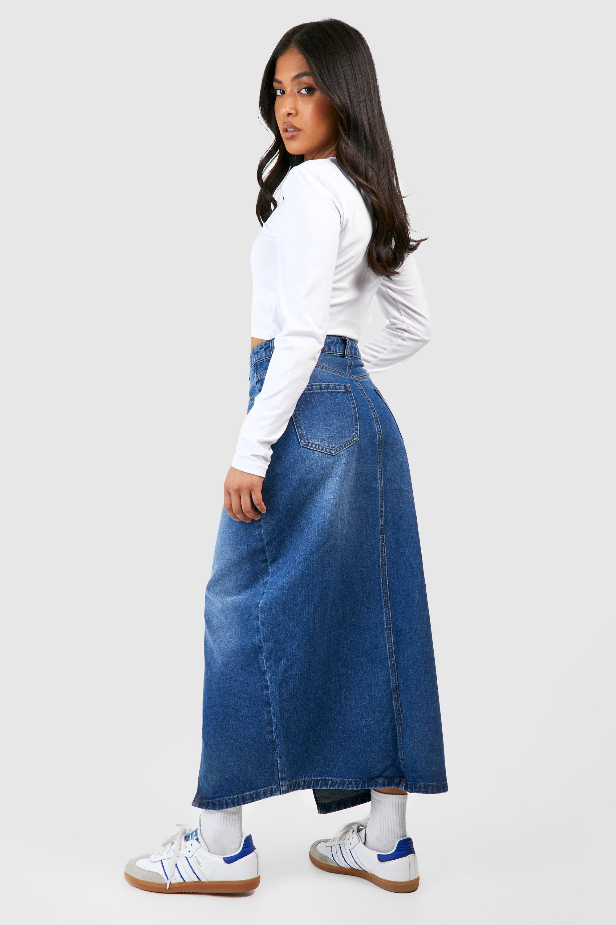 Denim Maxi Skirt with Front Splits Medium Boohoo Material, Blue