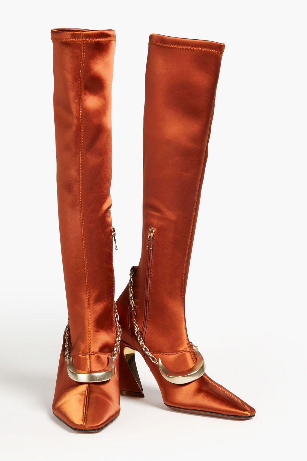 ZIMMERMANN Satin Knee High Boots with Chain Trim, Copper