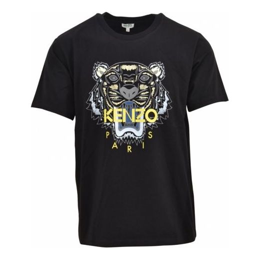 تي شيرت KENZO Tiger Head Alphabet Print بأكمام قصيرة للجنسين، أسود، أسود