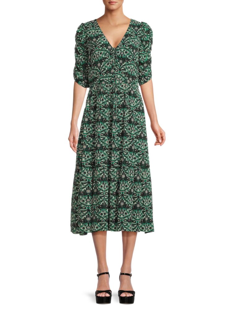 Ba&Sh Floral Peasant Midi Dress in Vert Tuileries