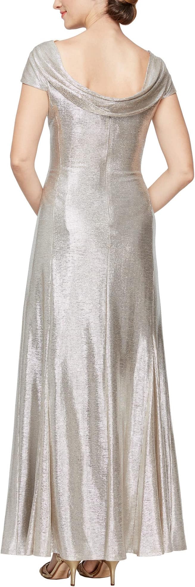 Alex Evenings Long Knit Metallic A-Line Dress in Champagne