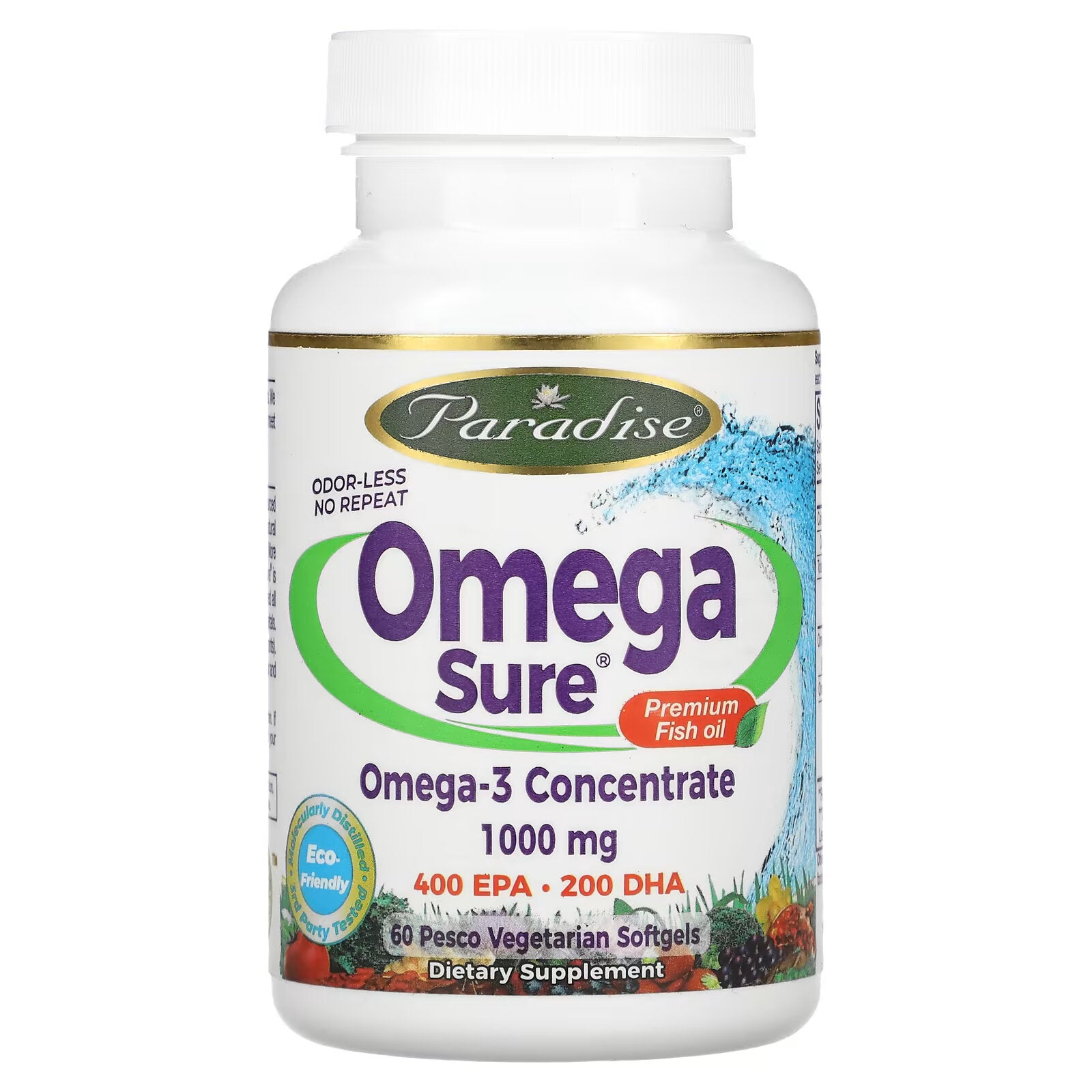 Paradise Herbs, Omega Sure, Omega-3 Concentrate, 1000 mg 60 vegetarian capsules (from fish gelatin)