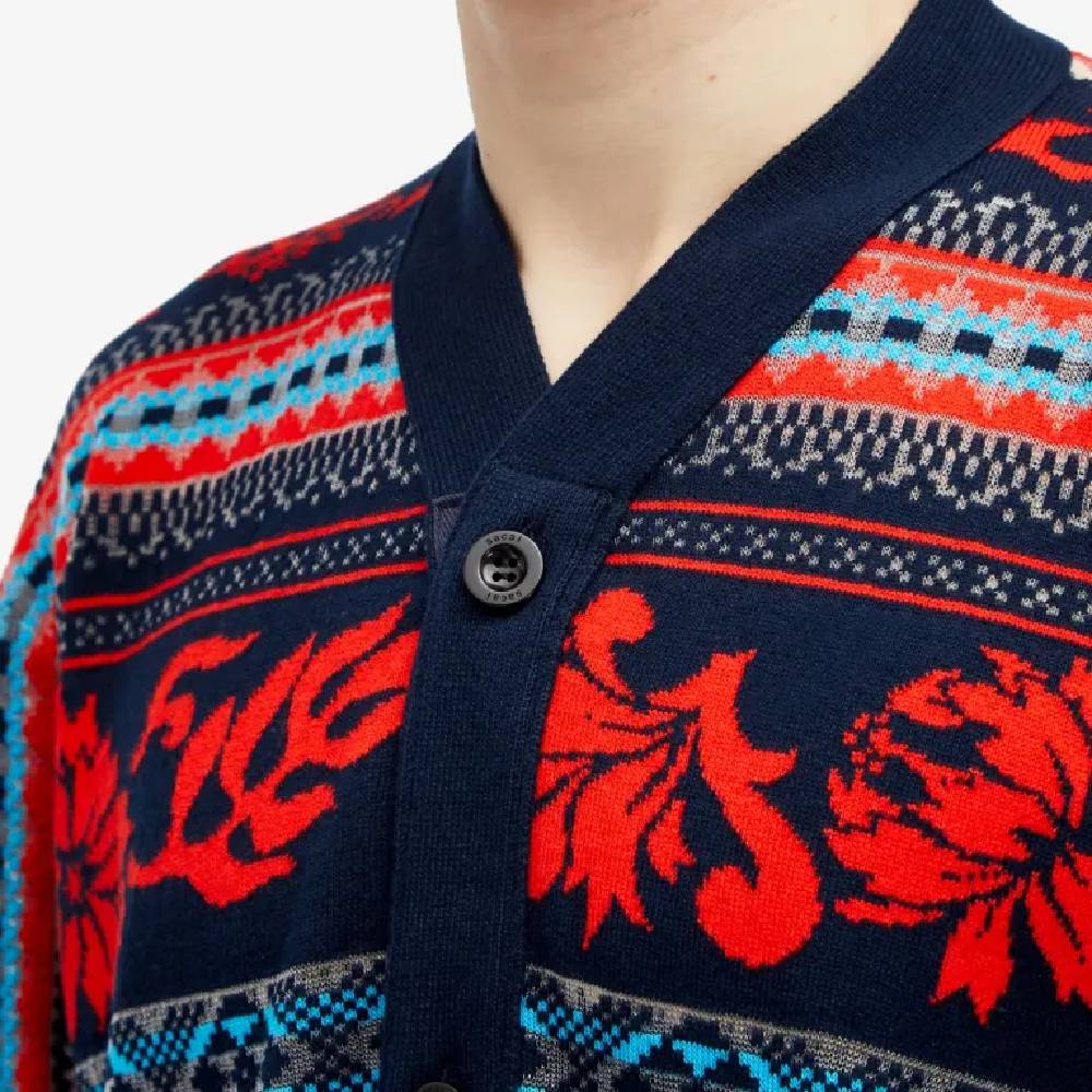 Sacai Floral Jacquard Cardigan, navy/red