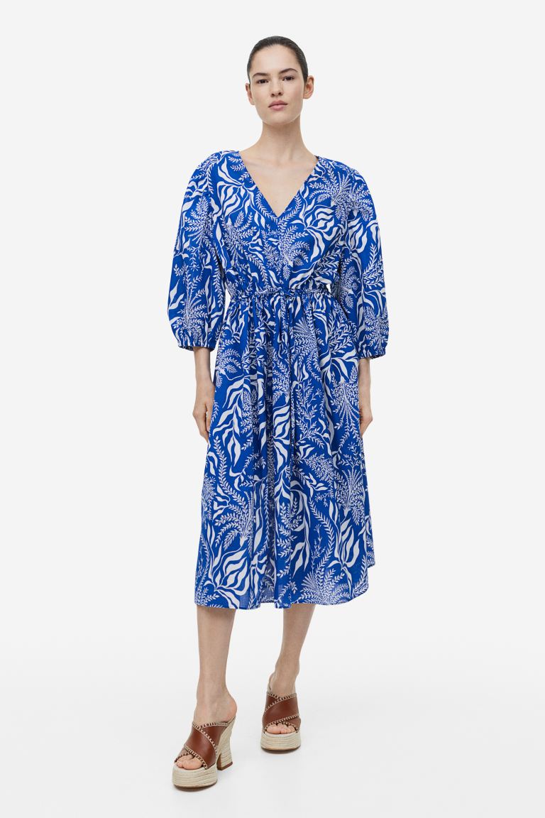 H&M cotton dress with puff sleeves, royal blue/patterned