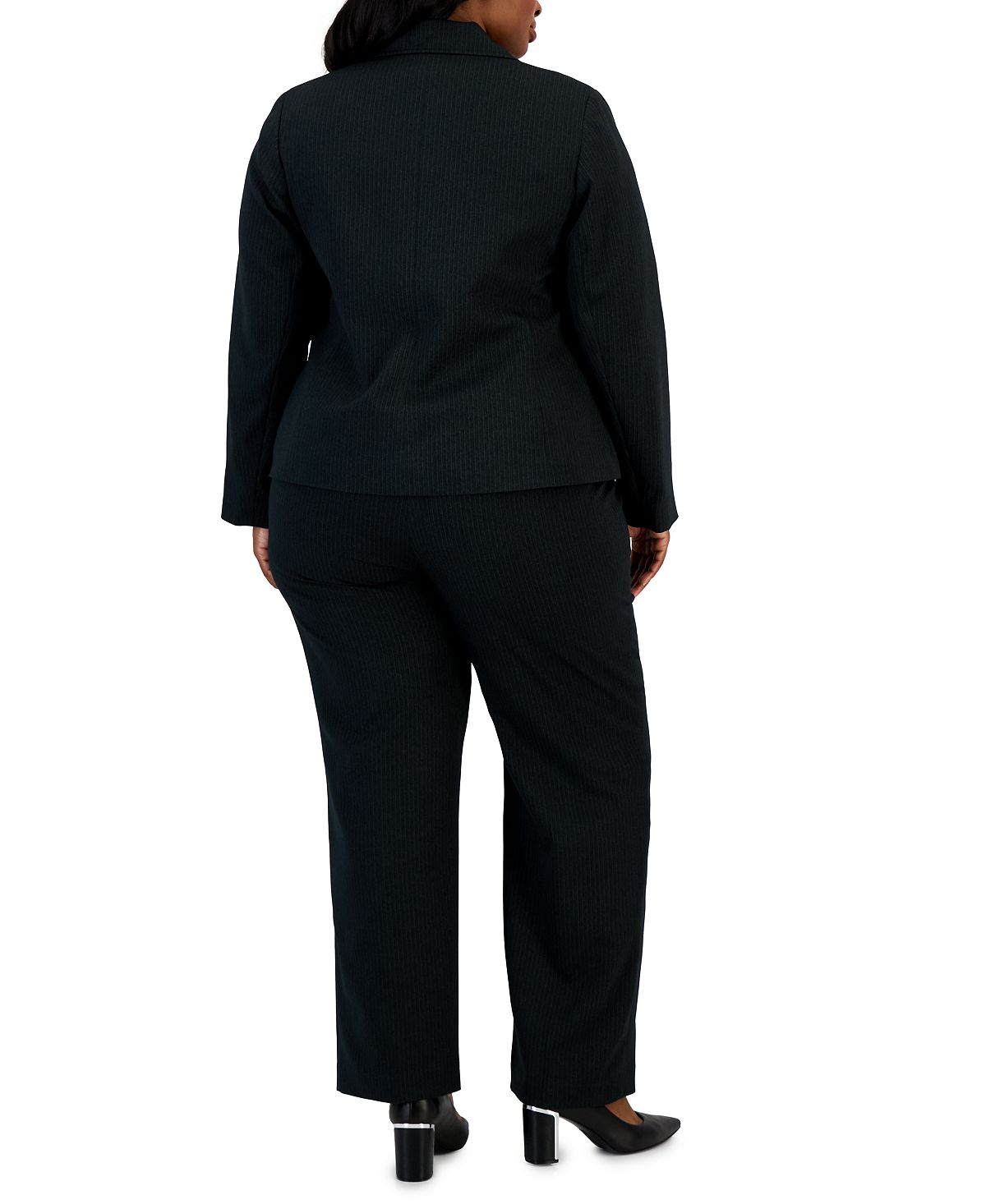 Plus Size Le Suit Pinstripe Two Button Pantsuit, Black