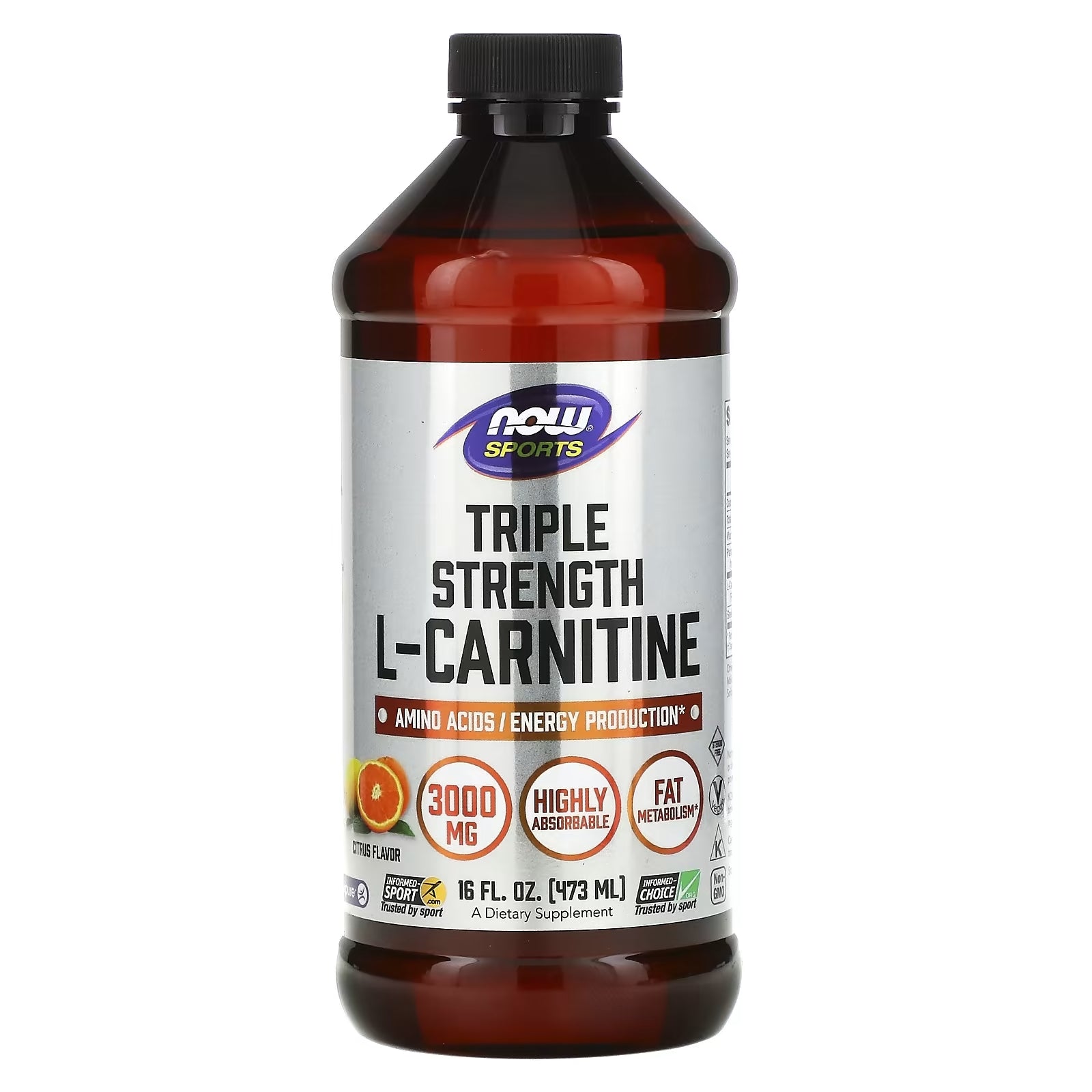 NOW Foods Sports Triple Strength Liquid L-Carnitine، بنكهة الحمضيات