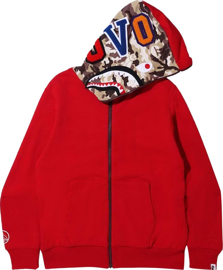 BAPE x OVO Woodland Camo Shark Reversible Full Zip Hoodie 'Red', Red