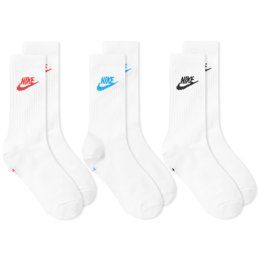 Nike Everyday Essential 3 Pack Long Socks, White/Multi-Color