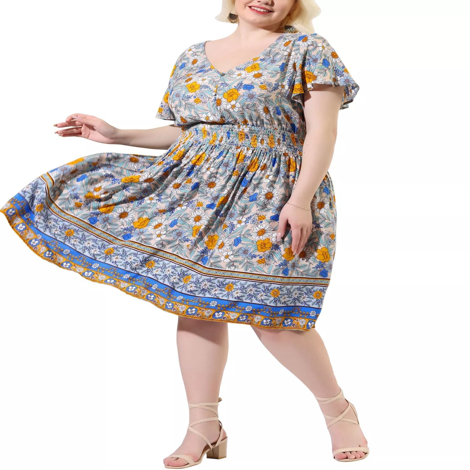 Agnes Orinda Women's Plus Size Boho Floral Party Midi Dress , dark blue