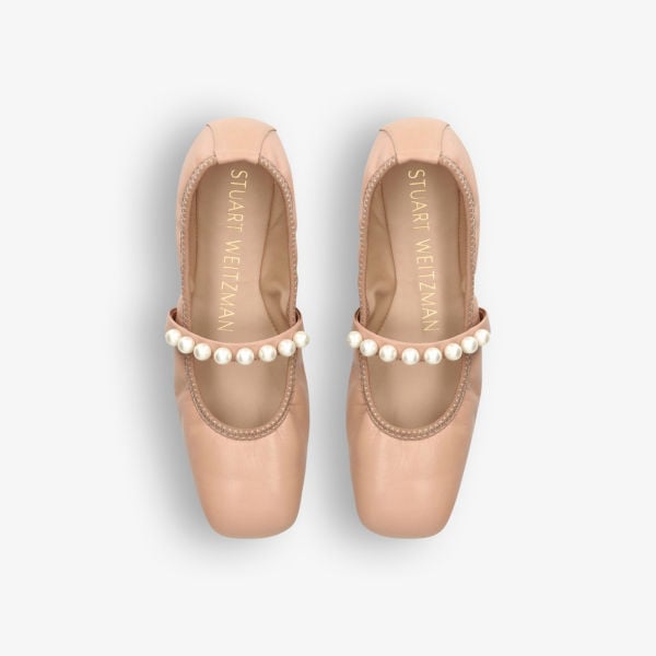 Stuart Weitzman Leather Goldie Ballerinas with Pearls, Tan