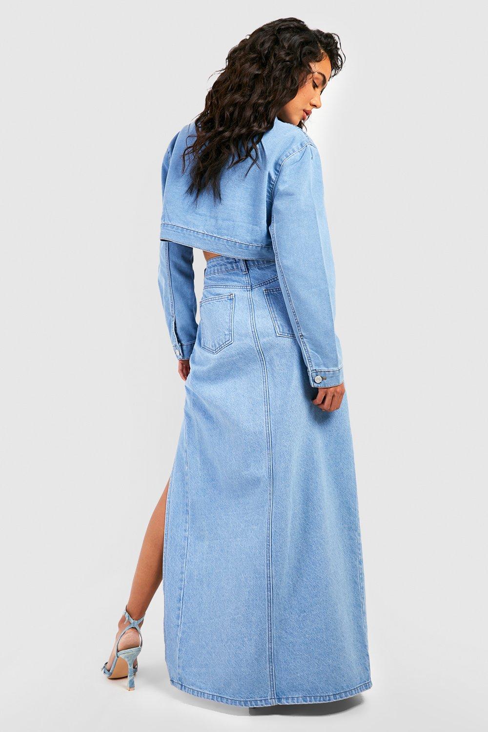 Boohoo Denim Maxi Skirt with Side Slits, Blue