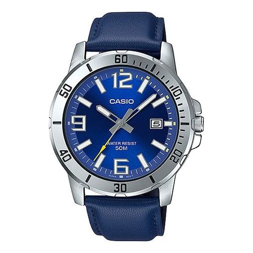 Watch CASIO Leather Band Waterproof Business Style Men Mens Blue Analog, blue