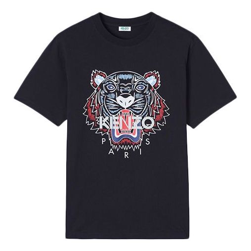 تي شيرت KENZO Tiger Logo مطبوع عليه رأس نمر بأكمام قصيرة للرجال، أسود، أسود