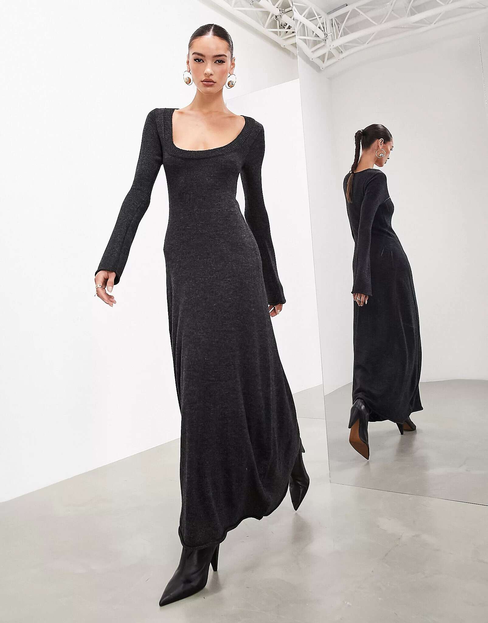 ASOS Long Sleeve Knit Maxi Dress With Crew Neck In Charcoal