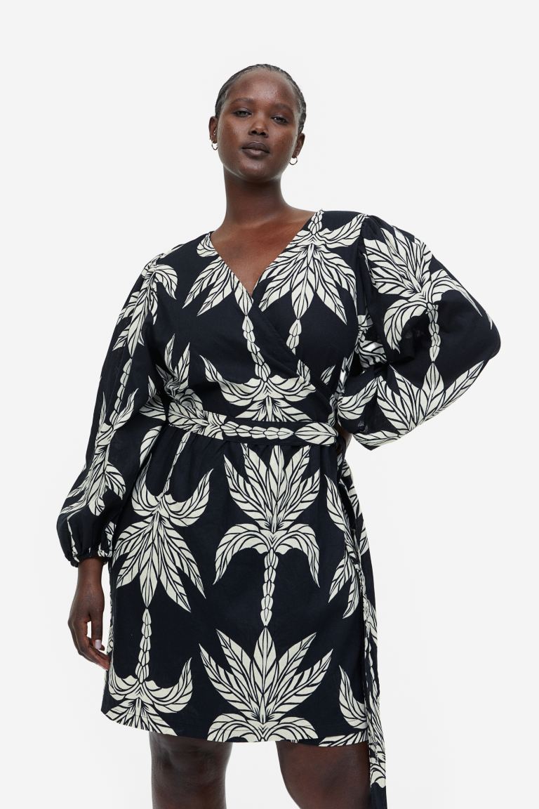 H&M Linen Blend Wrap Dress, Black/Palms