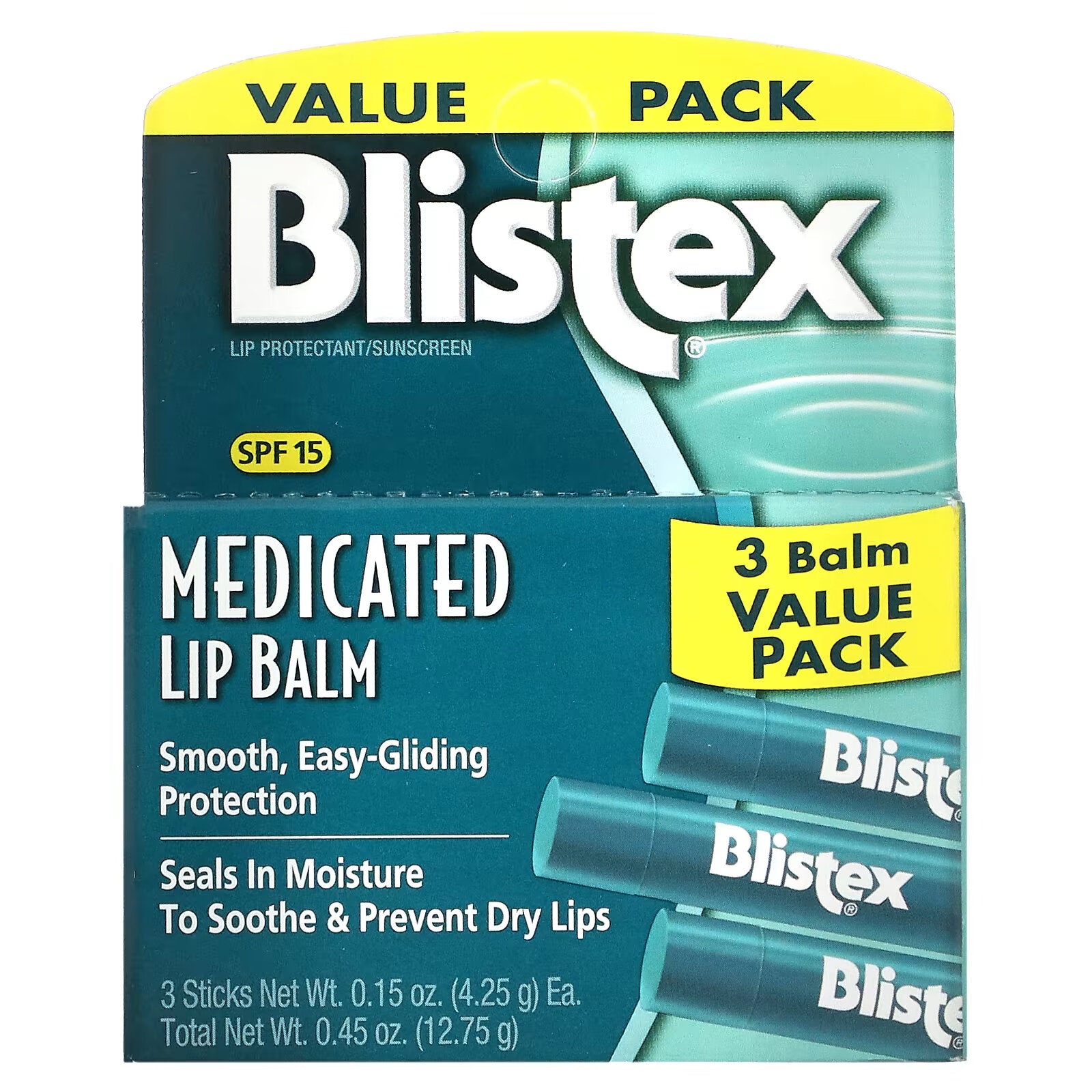 Blistex healing lip balm with sunscreen SPF 15, pack of 3 balms of 4.25 g each