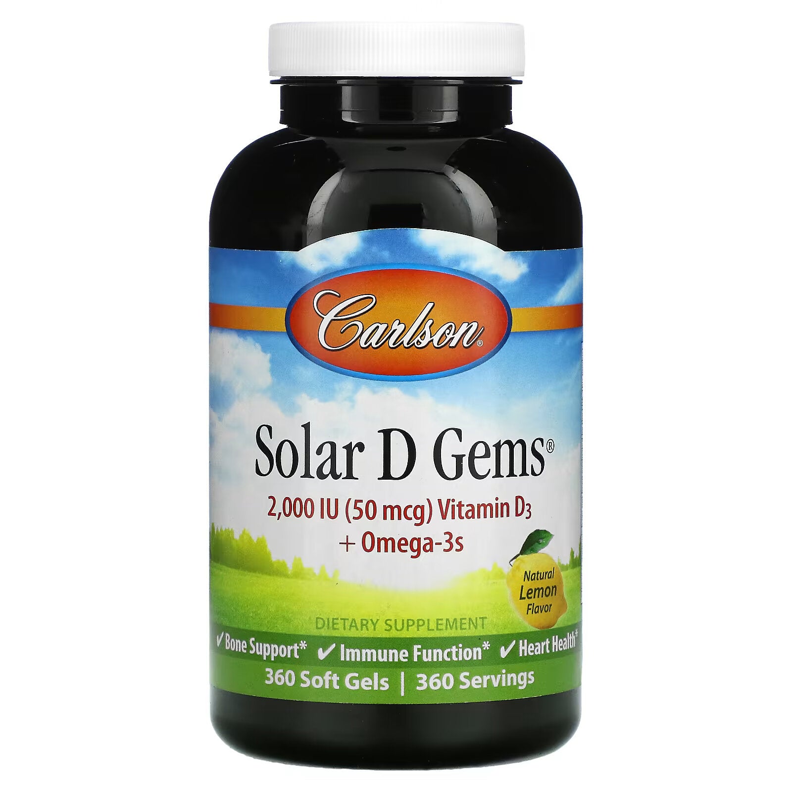 Carlson, Solar D Gems, Vitamin D3 + Omega-3s, Natural Lemon Flavor, 2,000 IU, 360 Softgels